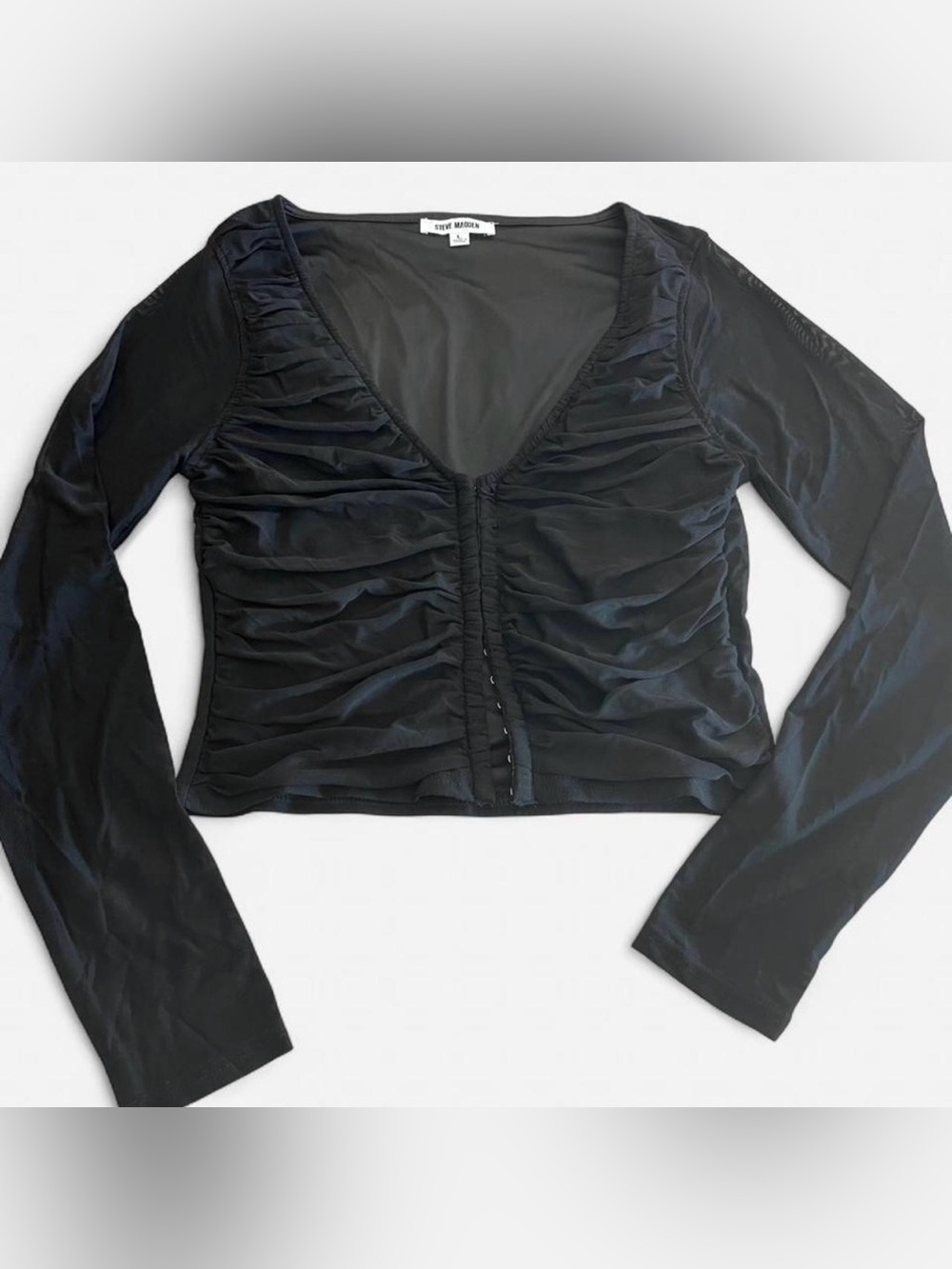 Steve Madden Black Ruched Long-Sleeve V-Neck Luna Mesh Top